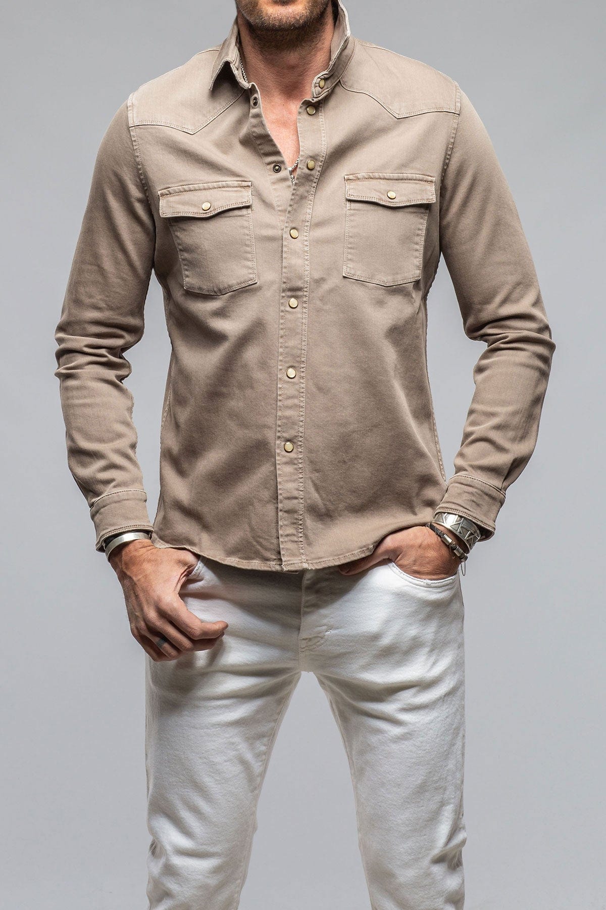 Ranger Colored Denim Snap Shirt In Tortora - AXEL'S