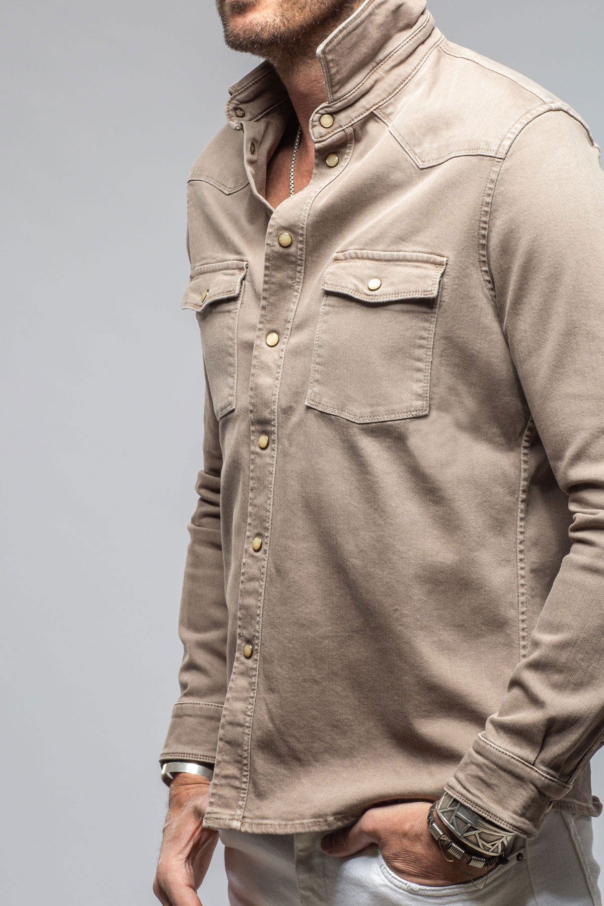 Ranger Colored Denim Snap Shirt In Tortora - AXEL'S